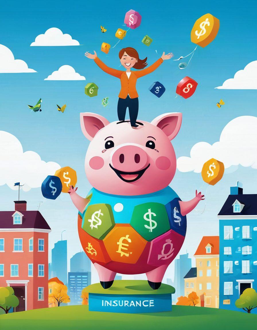 A visual representation of a person juggling various insurance icons, such as health, auto, and home insurance, while standing on a giant piggy bank. The background features a cityscape with dollar signs floating around, symbolizing savings and financial growth. Bright colors and a cheerful atmosphere enhance the sense of optimism and opportunity. cartoon style, vibrant colors, white background.