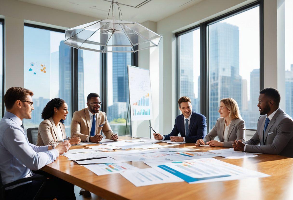 A diverse group of individuals discussing insurance policies around a modern conference table, with visuals of life and liability insurance documents floating above them. The setting is bright and inviting, symbolizing trust and clarity. Include symbols like shields, umbrellas, and graphs to represent protection and analytics. The background features a large window showing a sunny day. super-realistic. vibrant colors. white background.