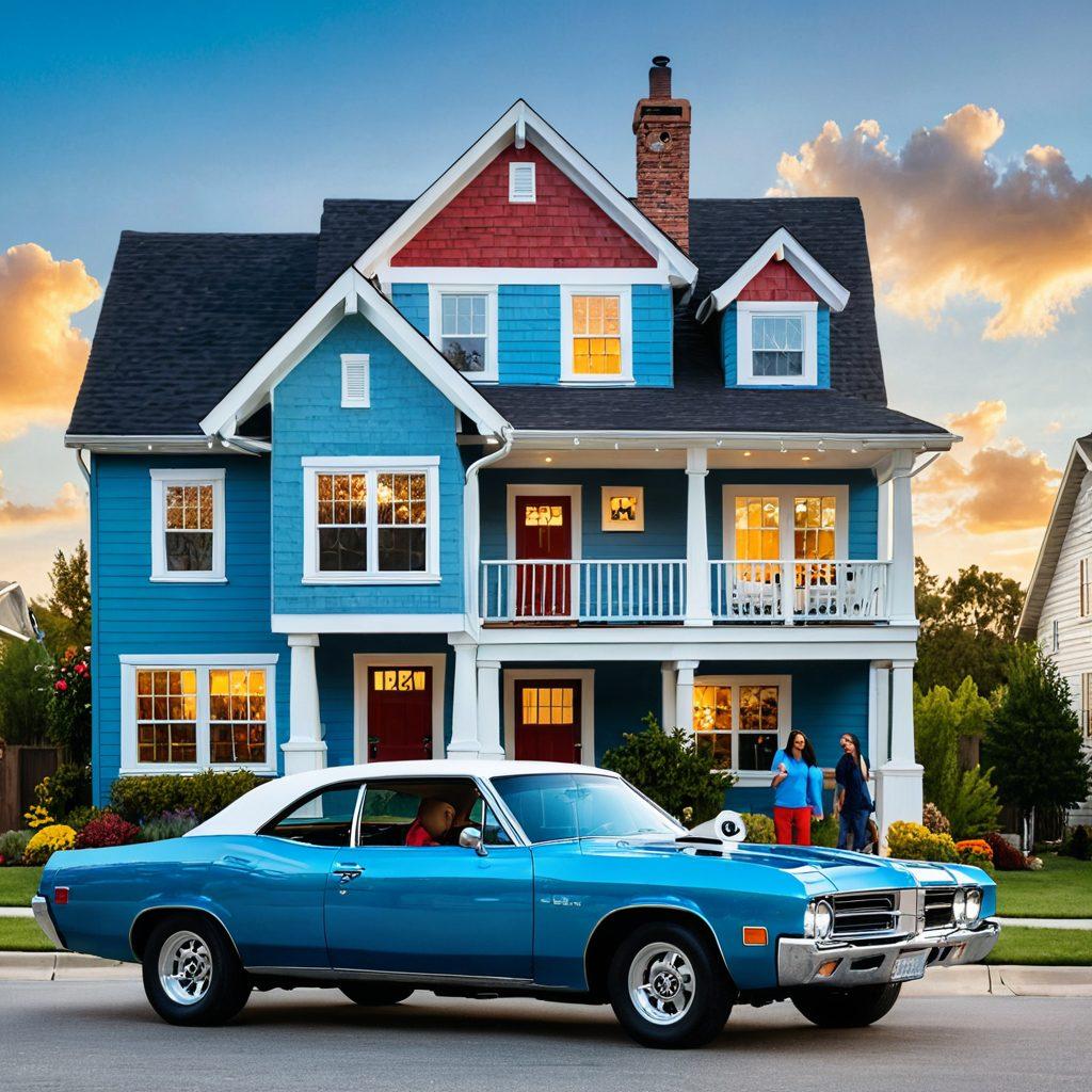 A vibrant collage featuring an array of affordable insurance solutions: a happy family discussing health insurance policies at home, a car with an 'insured' tag parked under a clear blue sky, and a digital device showing insurance options. Emphasize warmth, trust, and comfort to evoke reliability. Include icons for health, auto, and home insurance subtly integrated into the background. super-realistic. vibrant colors. white background.